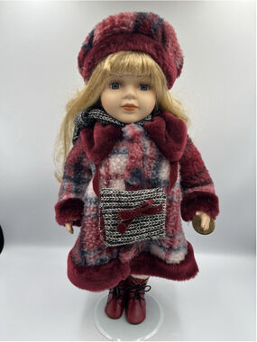 Collectors Choice Porcelain Doll 16” Red Wool Coat Hat Blonde Blue Eyes PRETTY